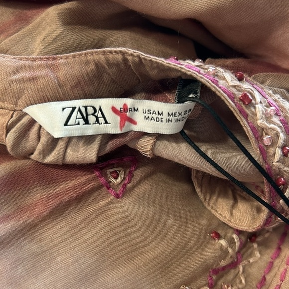 ZARA Embroidered Beaded Tie Dye Dusky Pink Boho Maxi Tiered Dress Sz M NEW - Picture 13 of 15